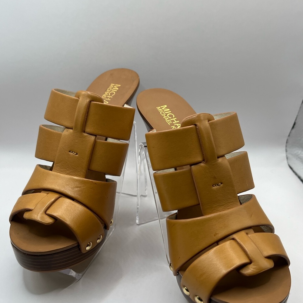 Michael Kors Cognac Leather Platform Slide Mules